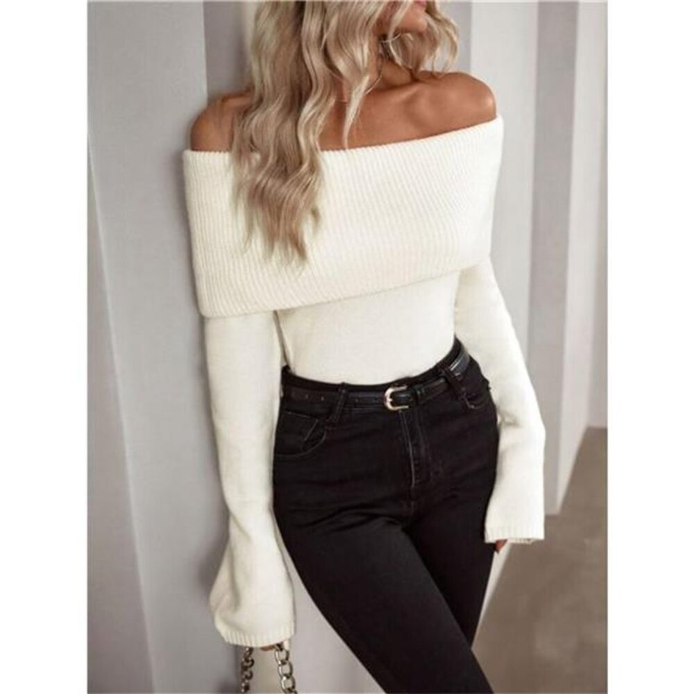 Off-Shoulder Ribbed Knit Sweater - Picture 4 of 10